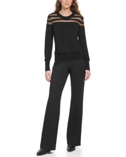 DKNY Long Sleeve Crew Neck Stripe Mesh Yoke Sweater