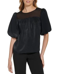 DKNY Short Sleeve Mix Media Satin Blouse