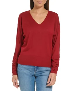 Calvin Klein Ruched Sleeve V-Neck